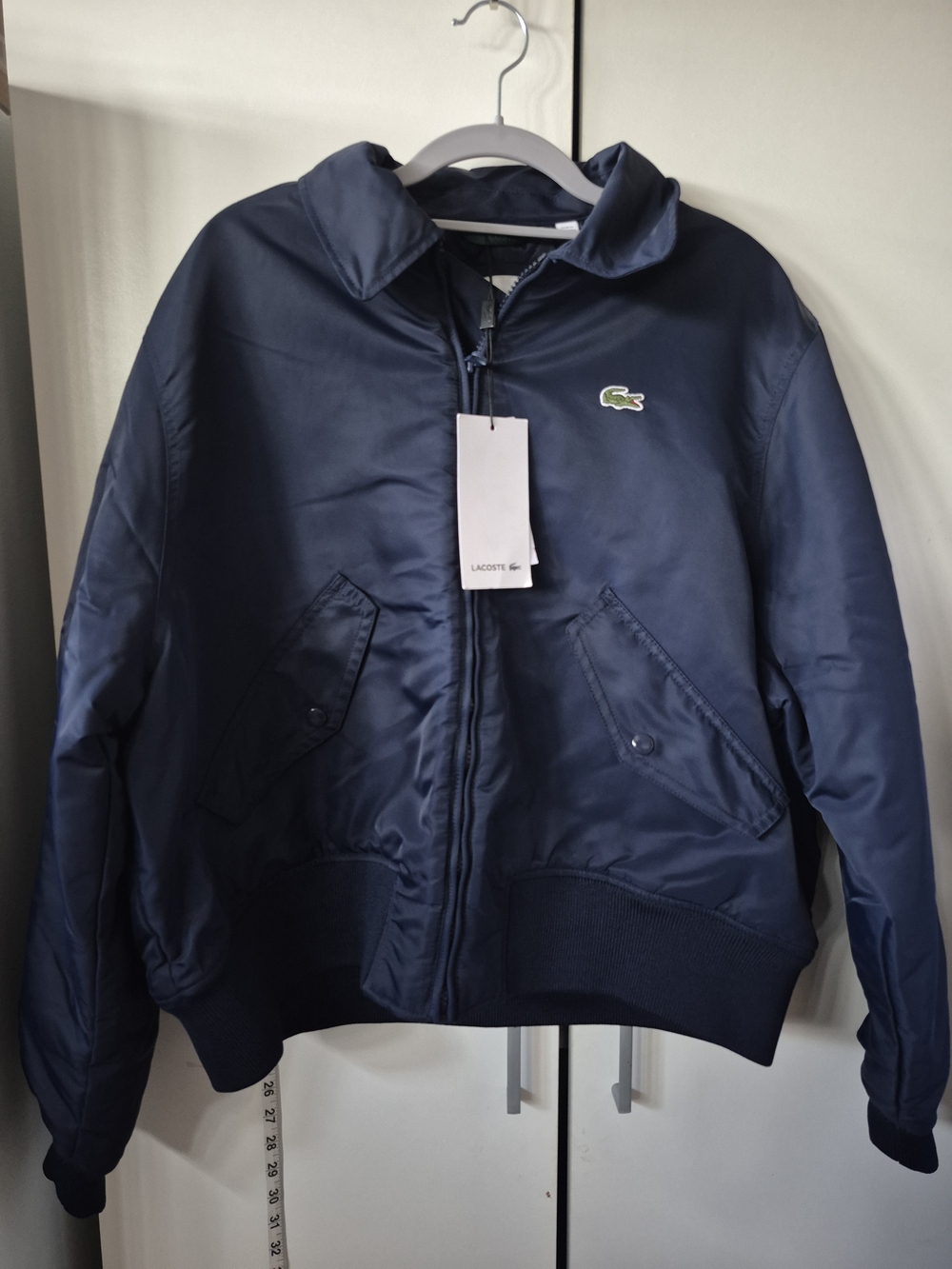 Lacoste Navy Oversized Embroidered Logo Bomber Jacket - US 12